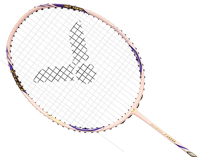 The Victor Auraspeed 7100 4U Badminton Racket - Pink by Victor features a pink and purple design with a black triangular logo on the strings, shown against a white background—an ideal choice for beginners.