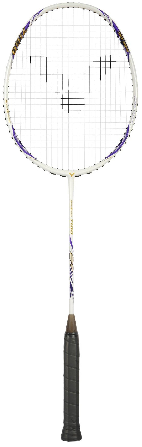 The Victor Auraspeed 7100 4U Badminton Racket by Victor features a white frame with black grip, purple and gold accents, and a V-shaped logo on the strings. This beginner racket is displayed upright against a white background.