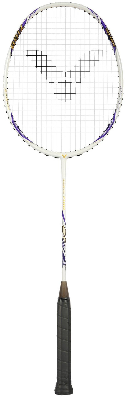 The Victor Auraspeed 7100 4U Badminton Racket by Victor features a white frame with black grip, purple and gold accents, and a V-shaped logo on the strings. This beginner racket is displayed upright against a white background.