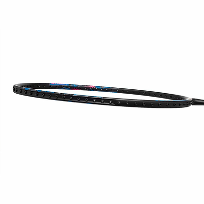 Close-up of a Li-Ning Axforce Big Bang 6U Badminton Racket frame in black, showcasing a sleek design with small holes for strings. The frame features subtle blue and red accents against an Ex-Light white background.