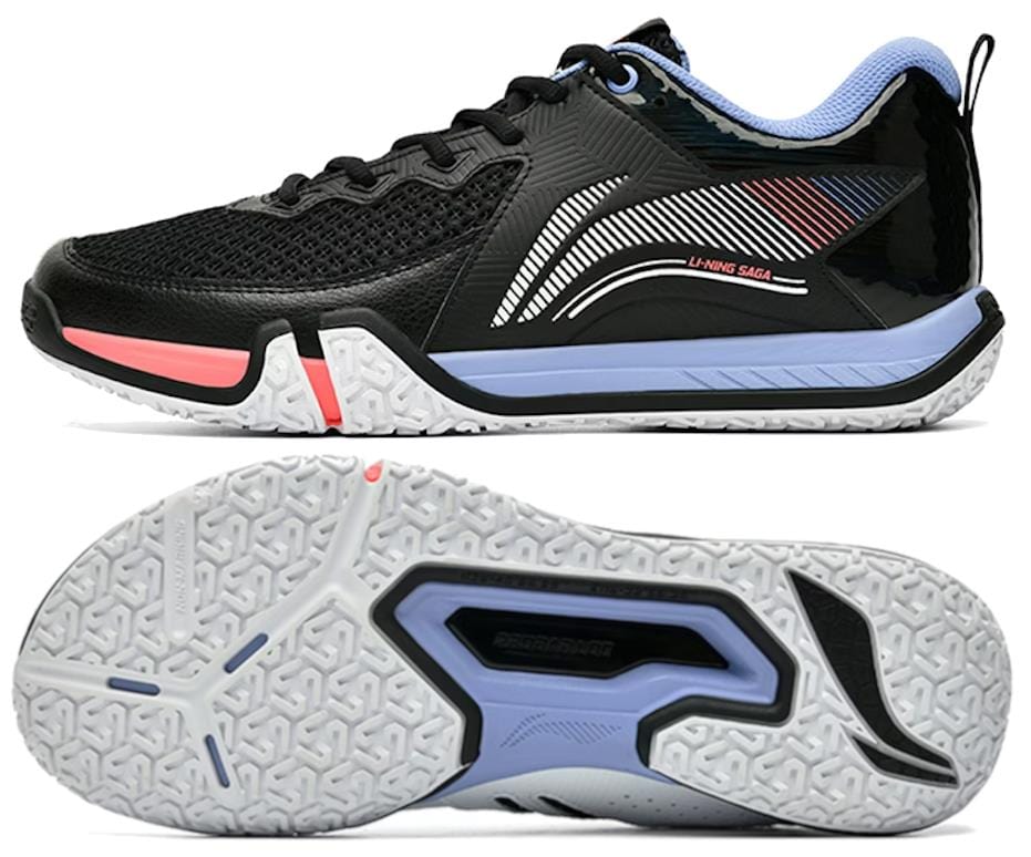 The Li-Ning Saga II Lite Men's Badminton Shoes in black/white feature white and pink accents, a side abstract pattern with logo, anti-slip rubber sole, mesh upper, padded heel for comfort, and Li-Ning Bounce+ technology for superior performance.