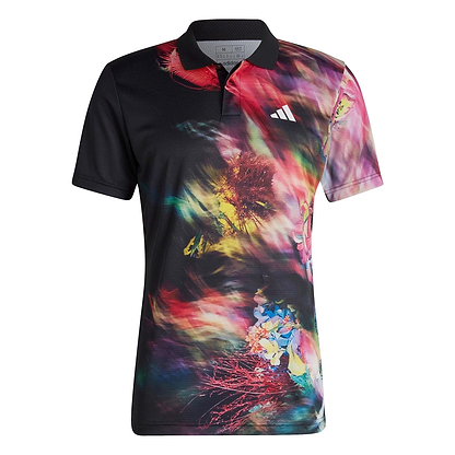 The adidas Melbourne Men's Freelift Polo Shirt in Black/Multi is a stylish garment featuring an abstract pattern of vibrant multicolored swirls in pink, yellow, and blue. Designed with HEAT.RDY technology for added comfort, it includes a small white triangular logo on the left chest.