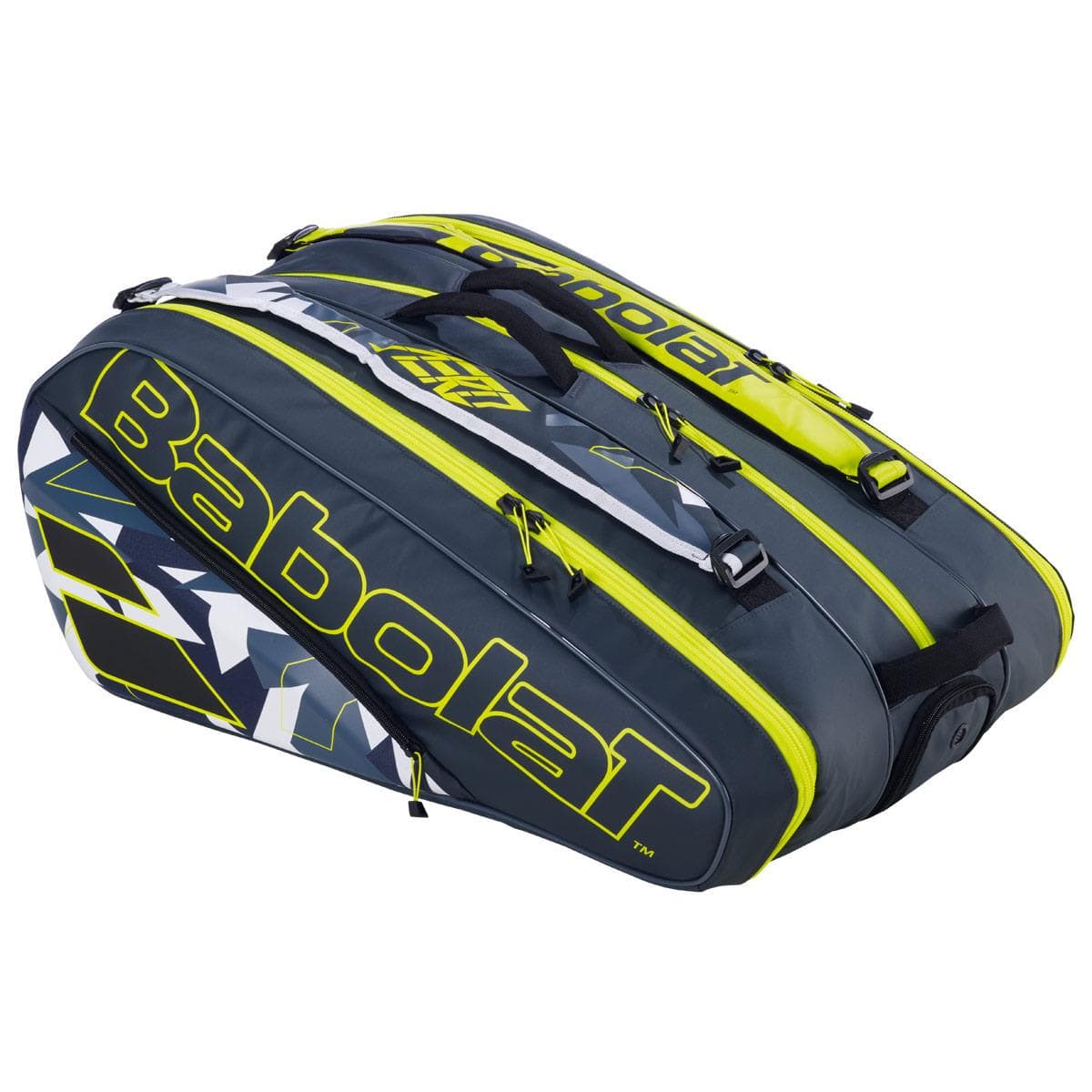 A Babolat RHX12 Pure Aero Racket Bag in grey and yellow, ideal for tournament players. This spacious bag includes multiple compartments and zippers, with the Babolat logo displayed prominently on the side in white and yellow.