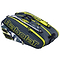 A Babolat RHX12 Pure Aero Racket Bag in grey and yellow, ideal for tournament players. This spacious bag includes multiple compartments and zippers, with the Babolat logo displayed prominently on the side in white and yellow.