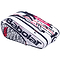 The Babolat RH12 Pure Strike 12 Racket Bag in white with black and red accents offers a spacious design with multiple compartments, including a durable insulated section and a transparent shoe compartment. It features prominent branding and a textured graphic design.