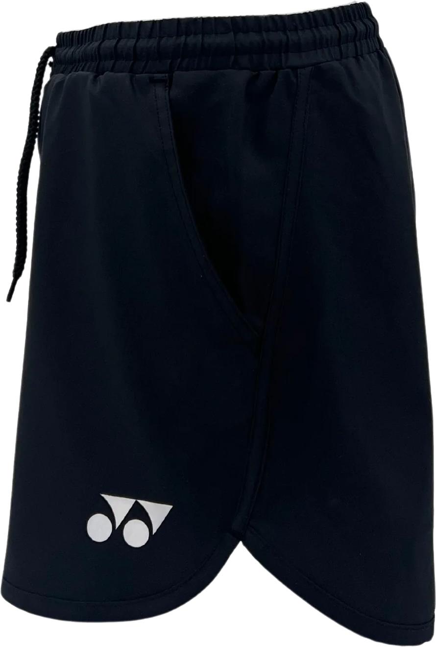 Yonex YST2024 Womens Badminton Shorts in black feature an elastic waistband, drawstring, side pocket, and white Yonex logo. Made from quick-drying, breathable sports fabric for comfort on and off the court.