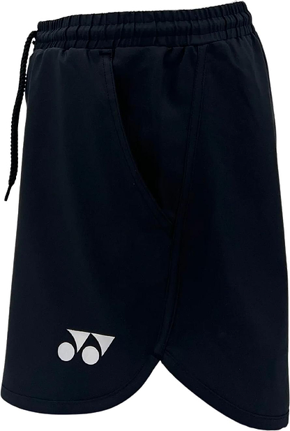 Yonex YST2024 Womens Badminton Shorts in black feature an elastic waistband, drawstring, side pocket, and white Yonex logo. Made from quick-drying, breathable sports fabric for comfort on and off the court.