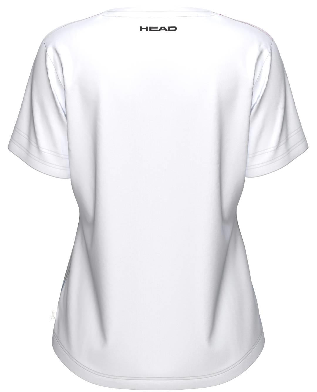 Back view of the HEAD Tie-Break II Womens Badminton T-Shirt - LBXW, a plain white short-sleeve shirt made with moisture-wicking fabric and featuring "HEAD" printed in black near the upper back neckline.