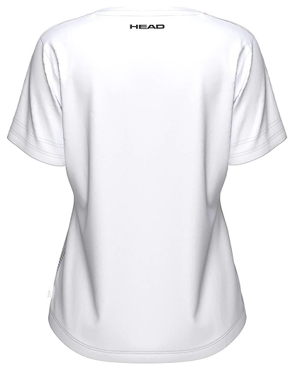 Back view of the HEAD Tie-Break II Womens Badminton T-Shirt - LBXW, a plain white short-sleeve shirt made with moisture-wicking fabric and featuring "HEAD" printed in black near the upper back neckline.