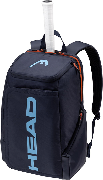 The HEAD Pro 28L Badminton Backpack - Navy by HEAD features light blue lettering and orange zipper accents, plus a dedicated racket compartment that holds a tennis racquet partially visible at the top.