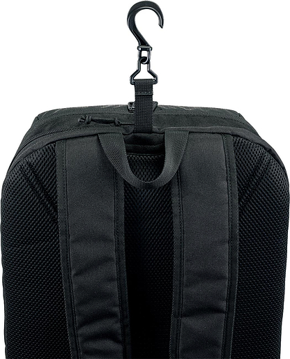 Close-up of the Yonex 42512EX Team Badminton Backpack in Ruby Red, highlighting its two padded shoulder straps, fabric handle, and a top plastic hook for hanging.