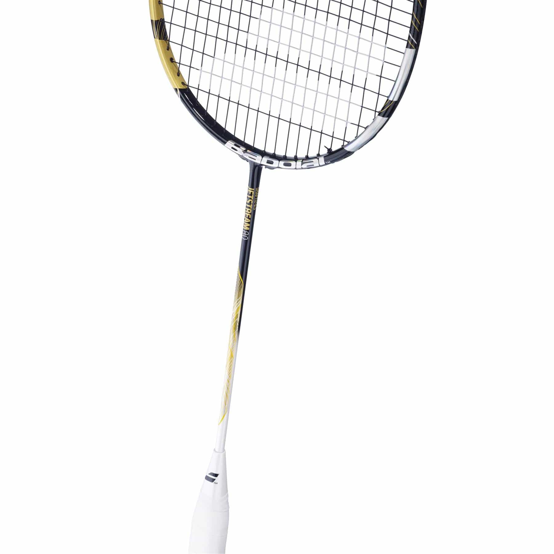 The Babolat Jetstream 80 4U boasts a sleek design with a gold and black frame, black strings, and a white grip. Its aerodynamic features enhance maneuverability, while "Babolat" is printed on the shaft and head.