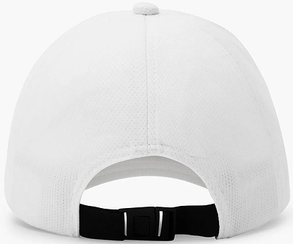 Back view of the Yonex 40125EX Badminton Cap in White, featuring a black adjustable strap and buckle for fit, lightweight breathable design, top button, and visible stitching details. Brand: Yonex.