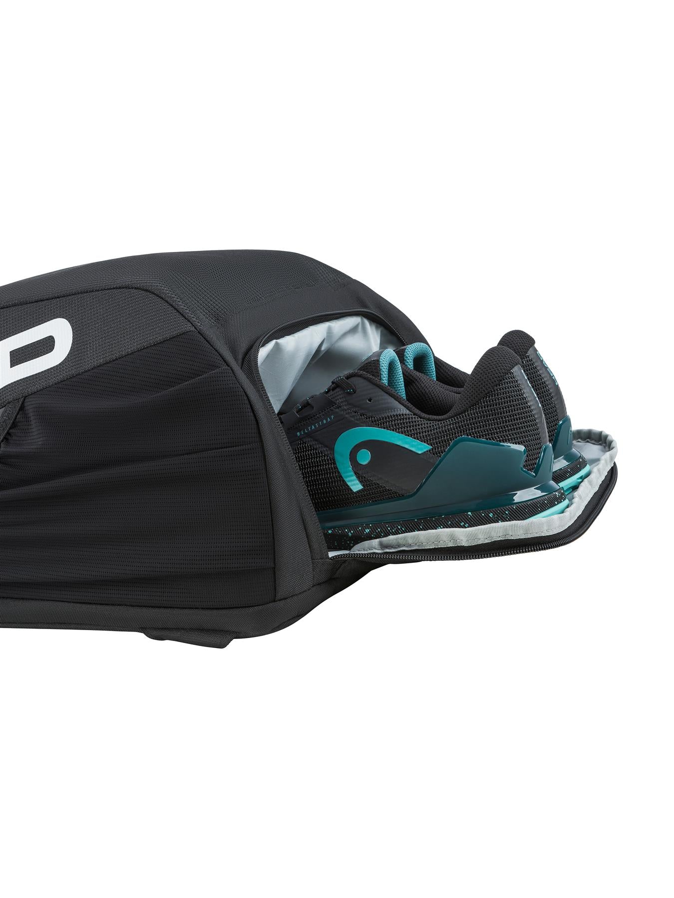 The HEAD Tour 25L Badminton Backpack - Black by HEAD is shown partially open, displaying a pair of black and teal athletic shoes in its dedicated shoe compartment.