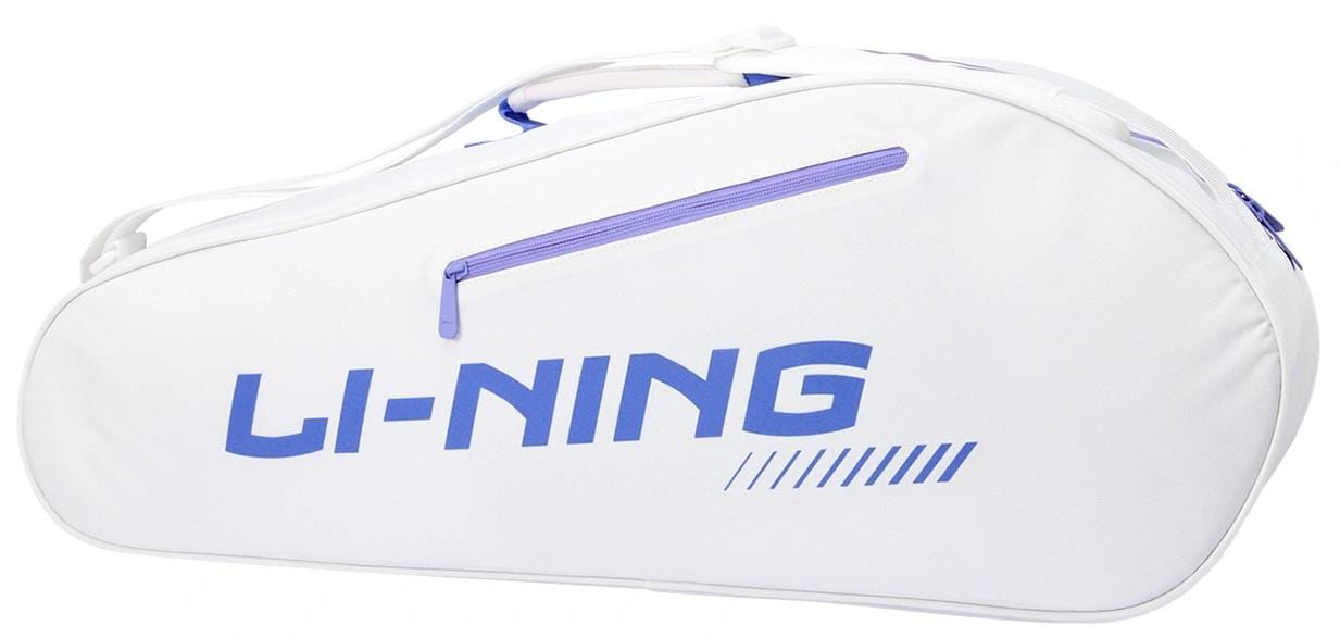 The Li-Ning Training Series 3 Racket Badminton Bag in white/purple is designed for carrying badminton or tennis rackets, featuring purple accents and a functional side zipper pocket.