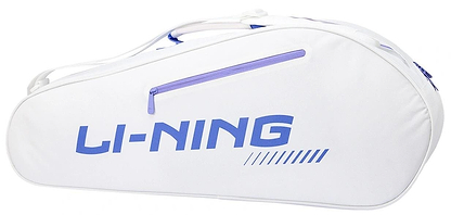 The Li-Ning Training Series 3 Racket Badminton Bag in white/purple is designed for carrying badminton or tennis rackets, featuring purple accents and a functional side zipper pocket.