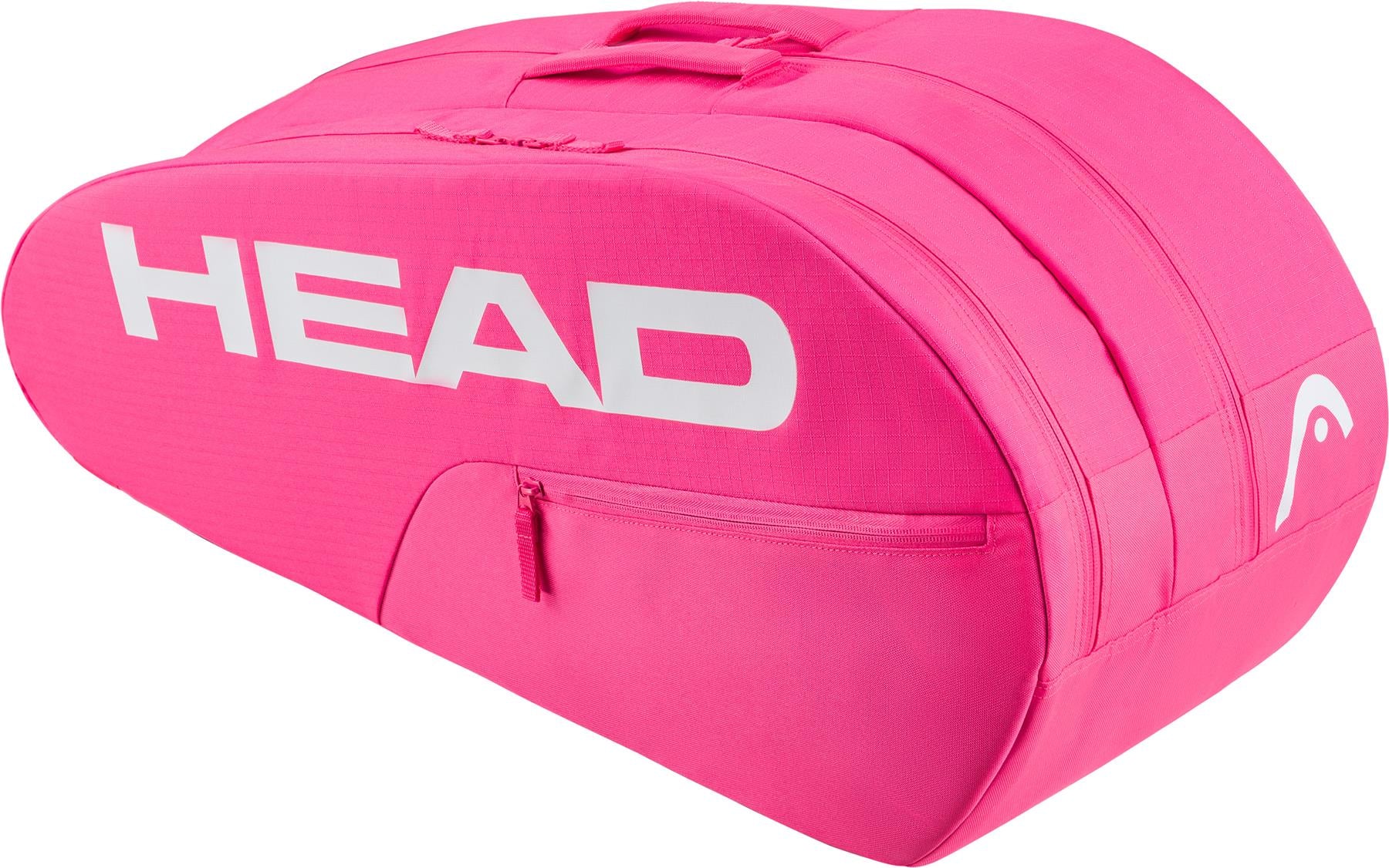 The HEAD Base 6 Racket Badminton Bag M - Pink features a bright pink design with a large white HEAD logo, a small side zippered pocket, and dual top handles for easy carrying.