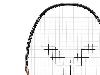 Close-up of the Victor Thruster FC Hendra Setiawan LTD Edition 3U badminton racket's head, highlighting its geometric string pattern. The black frame features decorative gold elements on the side, epitomizing an advanced-level racket. The background is a plain white canvas.