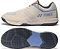 The Yonex Strider Flow WIDE Men's Badminton Shoes in light beige feature blue and gray accents, a textured non-marking rubber sole, and prominent Yonex branding—perfect for beginner players.