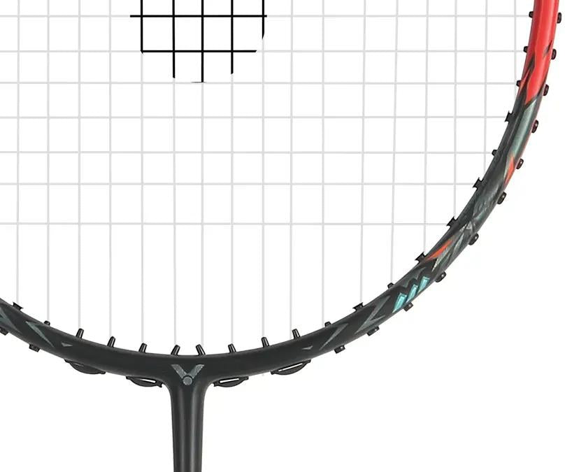 Close-up of the Victor Thruster Ryuga TD C 4U Badminton Racket in black/red, featuring Power Box technology, grid strings, and a small Victor logo at the bottom of the frame.