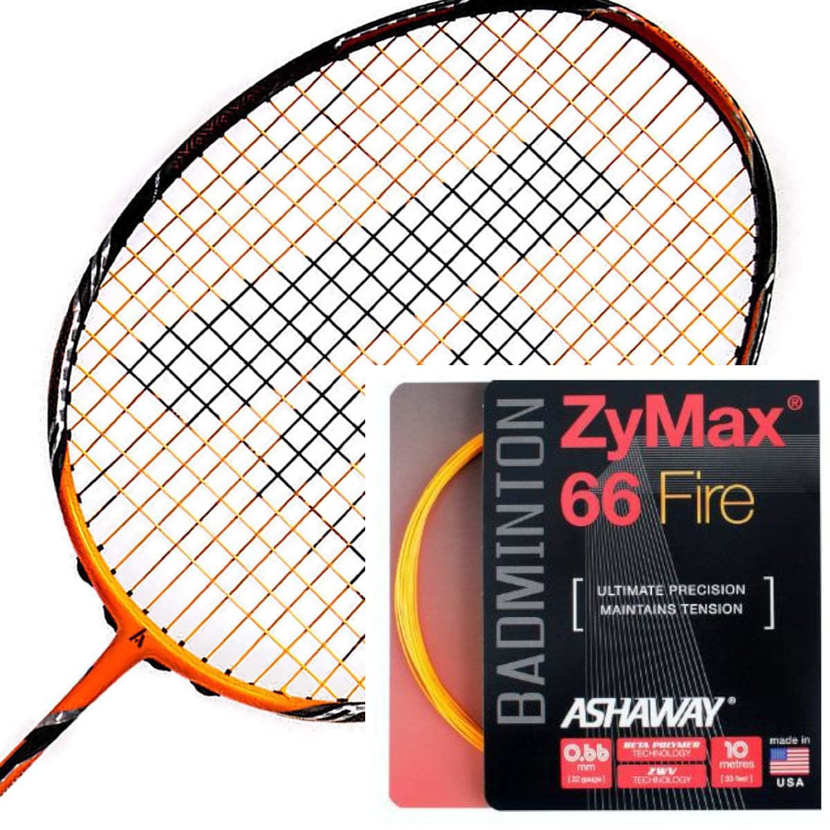 An orange badminton racket with black strings is showcased alongside a stylish black and red packet of Ashaway Zymax 66 Fire Badminton String in Orange (0.66mm - 10m), renowned for its micro gauge strings. The set highlights precision and tension stability, complemented by a vibrant yellow coil.