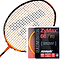 An orange badminton racket with black strings is showcased alongside a stylish black and red packet of Ashaway Zymax 66 Fire Badminton String in Orange (0.66mm - 10m), renowned for its micro gauge strings. The set highlights precision and tension stability, complemented by a vibrant yellow coil.