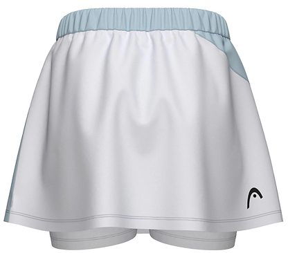 The HEAD Dynamic Womens Badminton Skort in Light Blue/White features built-in shorts, an elastic waistband, moisture-wicking technology, and a small black logo on the lower right hem for comfort and style.