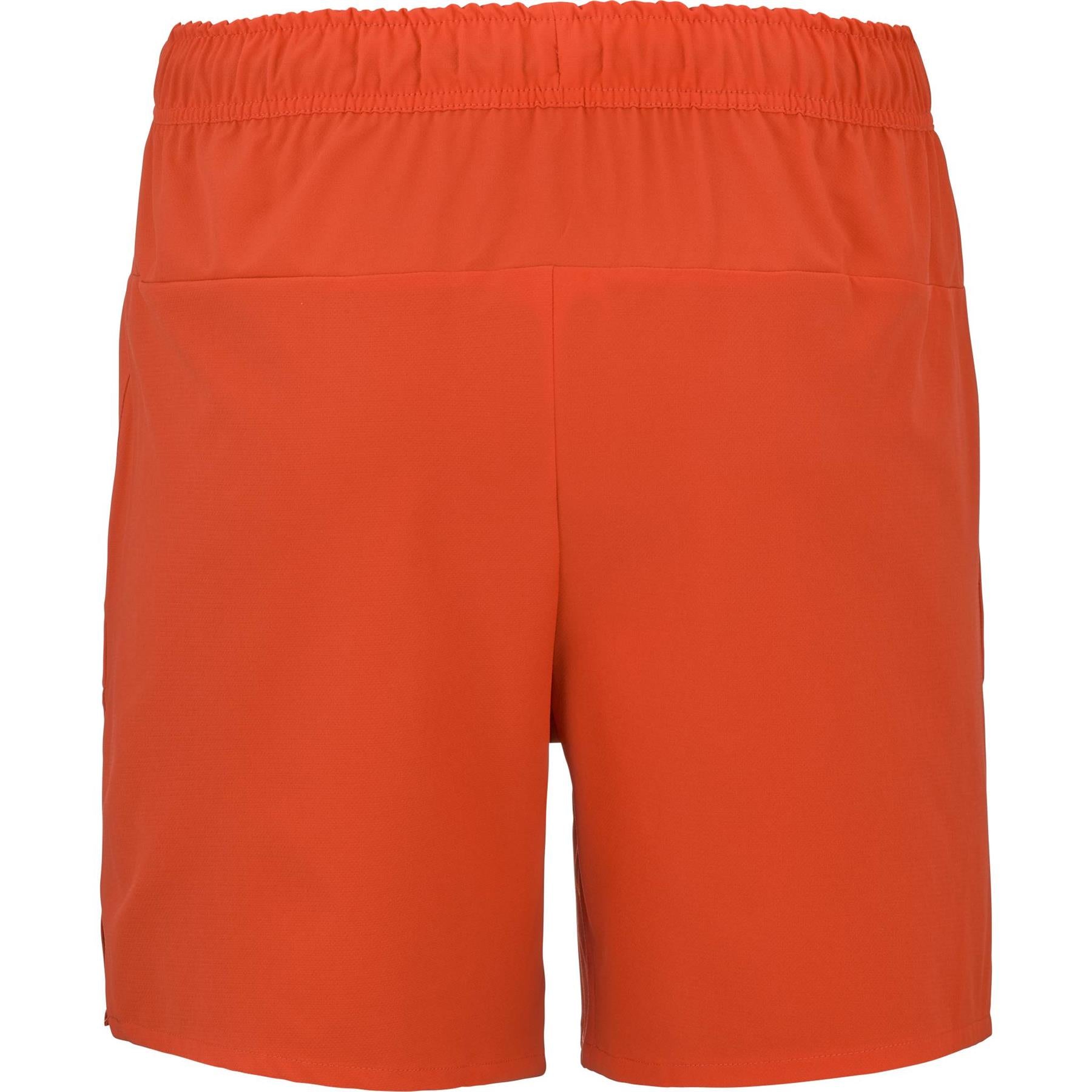 Babolat Play Men's Badminton Shorts in Cherry Tomato, shown from the back against a plain white background. These solid color shorts feature an elastic waistband and are made from recycled polyester, with no visible logos or patterns.
