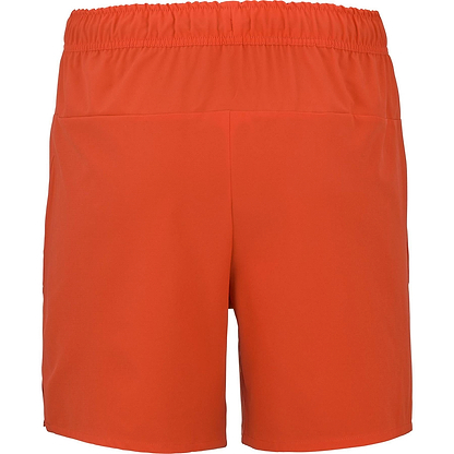 Babolat Play Men's Badminton Shorts in Cherry Tomato, shown from the back against a plain white background. These solid color shorts feature an elastic waistband and are made from recycled polyester, with no visible logos or patterns.