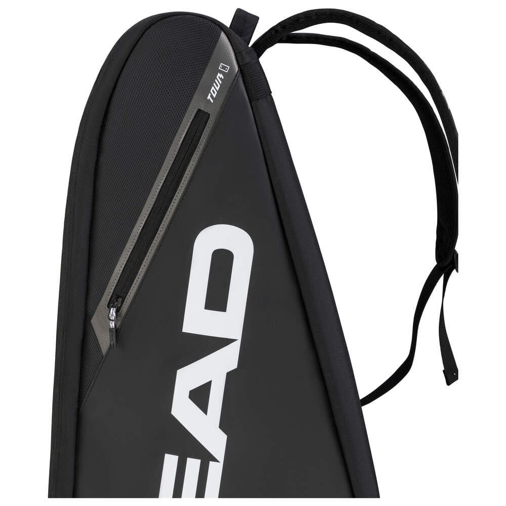 HEAD Tour Badminton Racket Bag XL in black and white features a zipper pocket with the brand's logo, padded straps, and a practical backpack carry system for easy transport.