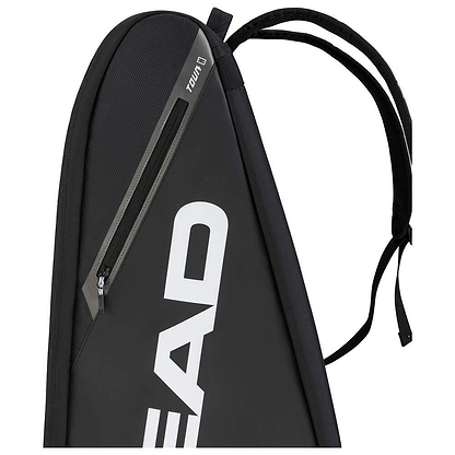 HEAD Tour Badminton Racket Bag XL in black and white features a zipper pocket with the brand's logo, padded straps, and a practical backpack carry system for easy transport.