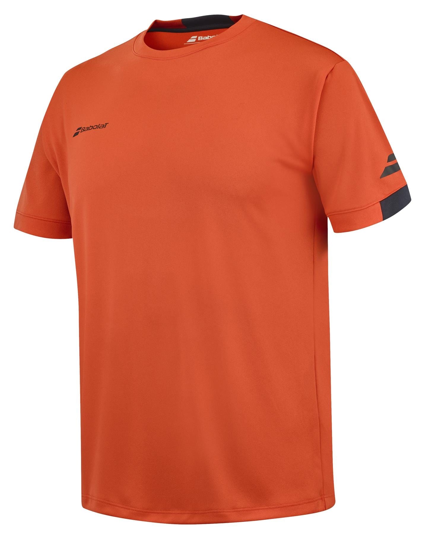 The Babolat Play Men's Crew Neck Badminton T-Shirt in Fiesta Red showcases a bold red color accented with stylish black stripes, made from Fiber Dry material for optimal comfort and performance.