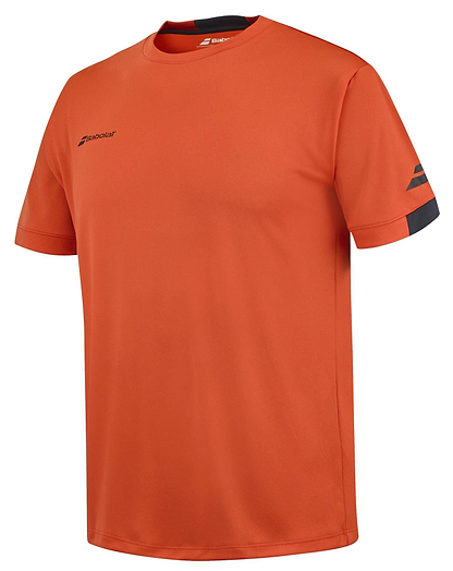 The Babolat Play Men's Crew Neck Badminton T-Shirt in Fiesta Red showcases a bold red color accented with stylish black stripes, made from Fiber Dry material for optimal comfort and performance.