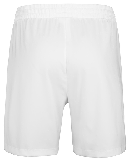 The Babolat Play Men's Badminton Shorts, designed in a sleek white color, are made from recycled polyester for a smooth finish. These athletic shorts by Babolat ensure comfort with their elastic waistband and feature a back view that highlights their stylish fabric.