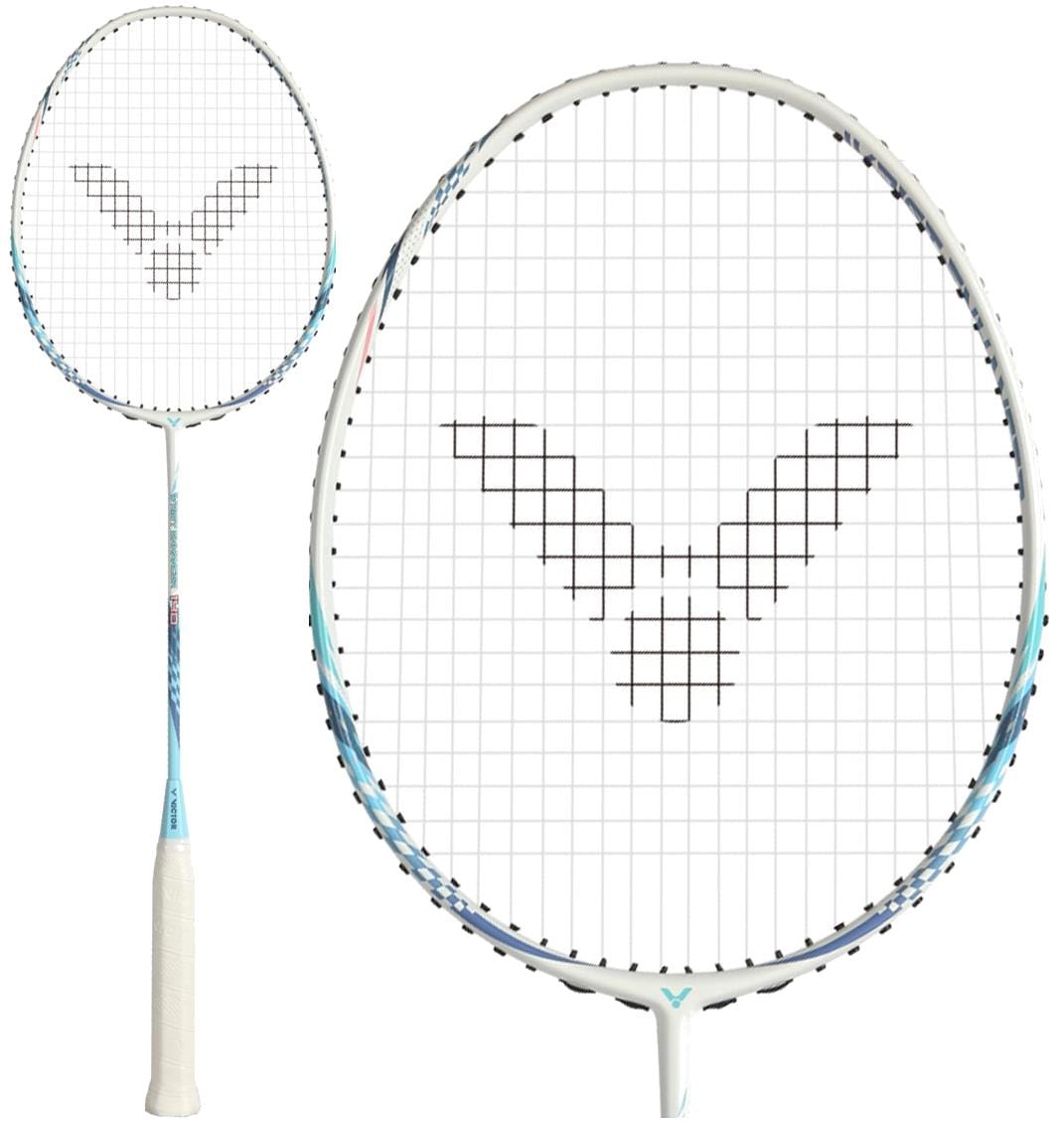 The Victor Wrist Enhancer 140 M Training Badminton Racket in white by Victor features a black V-shaped string pattern, white grip tape, and close-up detail of the head, making it ideal for wrist training.