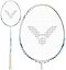 The Victor Wrist Enhancer 140 M Training Badminton Racket in white by Victor features a black V-shaped string pattern, white grip tape, and close-up detail of the head, making it ideal for wrist training.