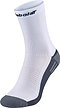 The Babolat Mid-Calf Badminton Socks in white with black logo offer ribbed support and gray heel/toe accents—ideal for badminton players seeking comfort and style.
