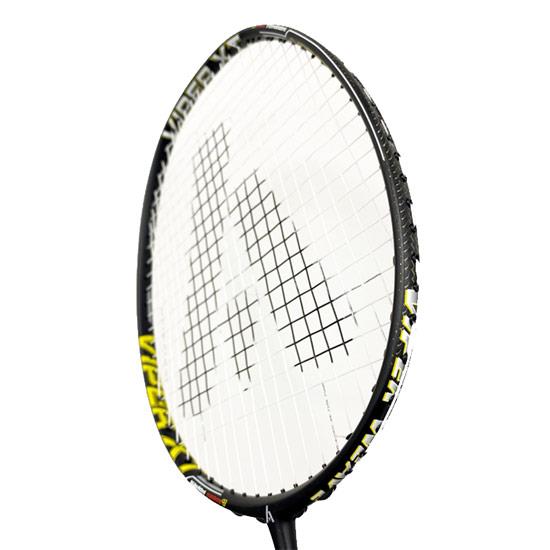 A close-up of the Ashaway Viper XT-1500 Badminton Racket in black shows white strings with a large "K" logo, yellow "VIPER X" text on the frame, and advanced Viper Weave technology for enhanced performance.