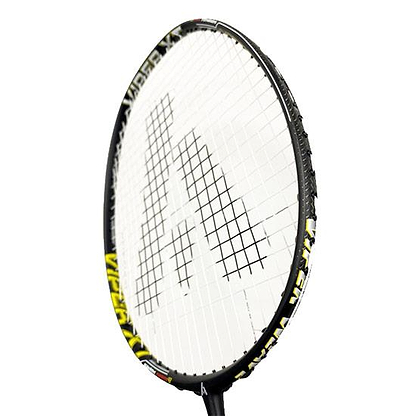 A close-up of the Ashaway Viper XT-1500 Badminton Racket in black shows white strings with a large "K" logo, yellow "VIPER X" text on the frame, and advanced Viper Weave technology for enhanced performance.