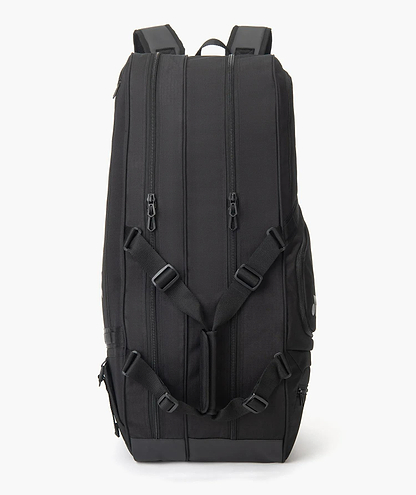 The Yonex BA72626EX Gearlogic 6 Racket Badminton Bag in black features multiple zippered compartments, adjustable shoulder straps, and side pockets, shown upright against a white background.