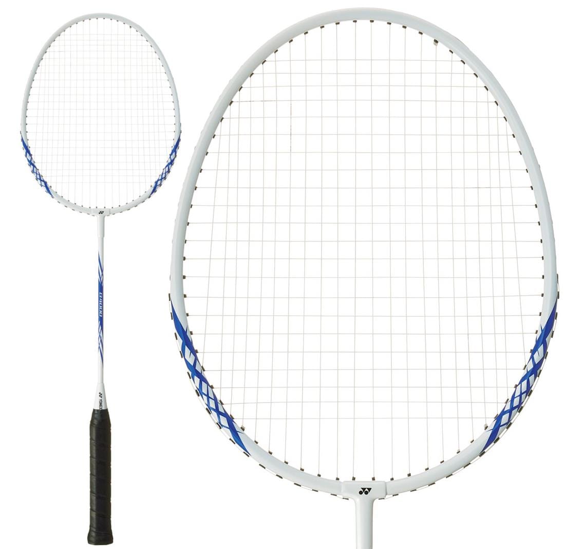 The Yonex B4000 Badminton Racket - White / Blue is featured, showcasing its white frame with blue accents—perfect for beginners. One image displays the full racket; another highlights a detailed view of the strings and head.