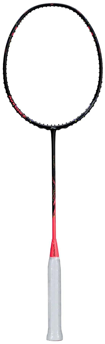The Li-Ning Axforce 40 3U Badminton Racket in black/red, featuring TB Nano Carbon Fibre and a white grip, is displayed vertically against a white background.