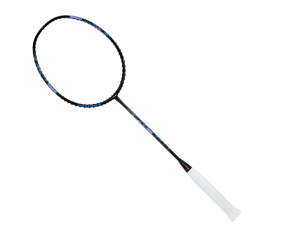 The Li-Ning Axforce Big Bang 6U Badminton Racket - Black boasts an Ex-Light frame that features a bold black design enhanced with blue and red details, accompanied by a white grip. Perfect for power players, the Sonic Boom System elevates performance, all elegantly presented against a crisp white background.