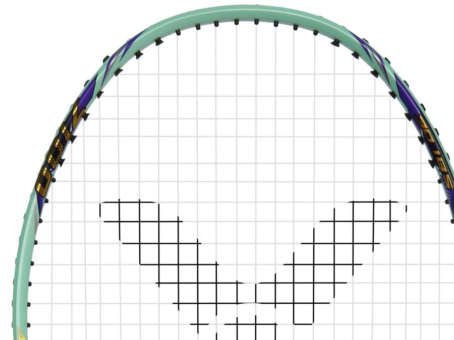 A close-up of the Victor Auraspeed 7100 4U Badminton Racket by Victor, showcasing its teal frame, white strings, and central black "V" logo, crafted from high resilience graphite for enhanced performance.