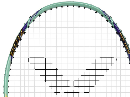 A close-up of the Victor Auraspeed 7100 4U Badminton Racket by Victor, showcasing its teal frame, white strings, and central black "V" logo, crafted from high resilience graphite for enhanced performance.