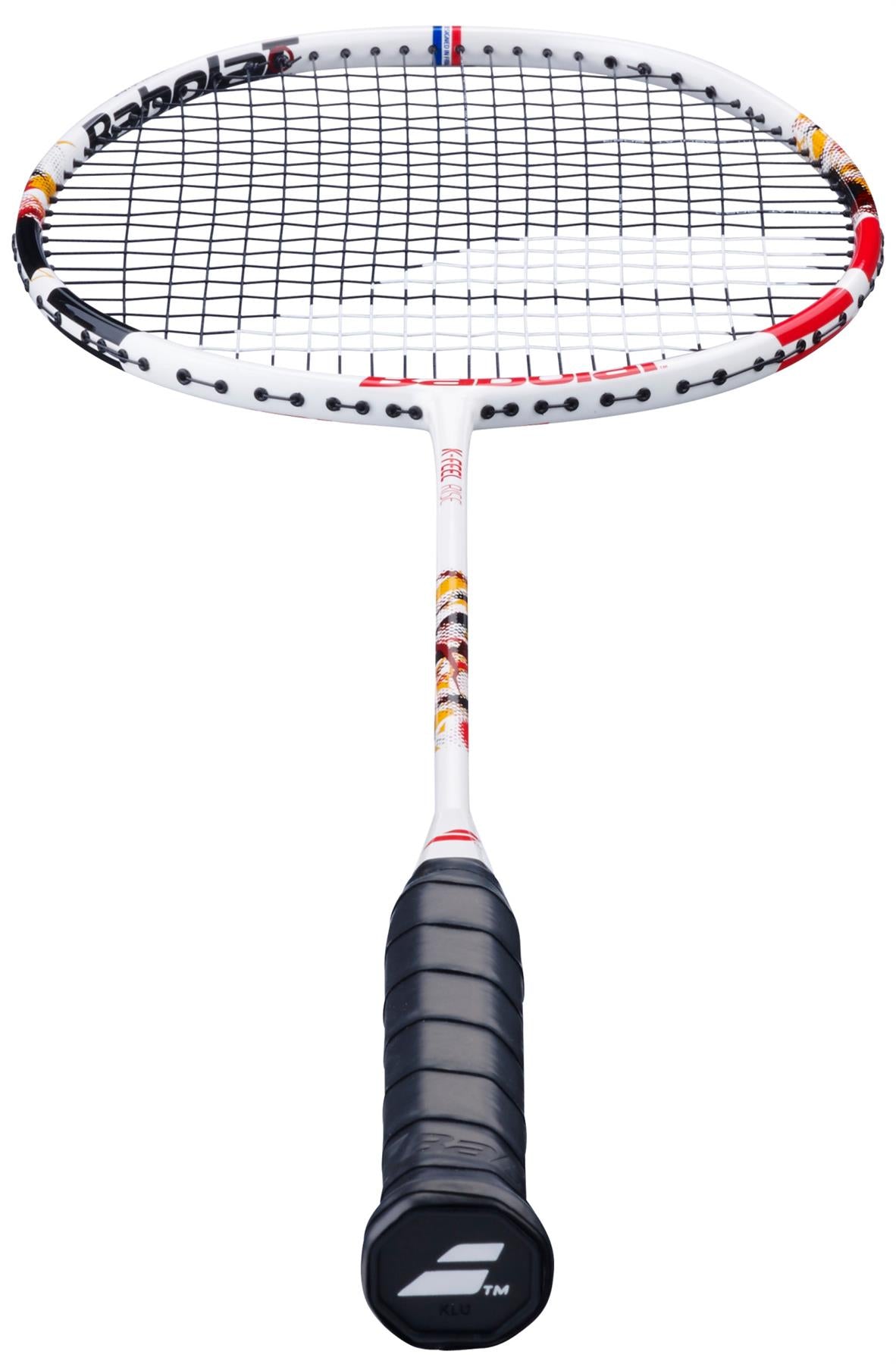 The Babolat X-Feel Rise 2026 3U Badminton Racket in white and red, by Babolat, is displayed vertically with its handle at the bottom, highlighting its dynamic design and performance-focused features.