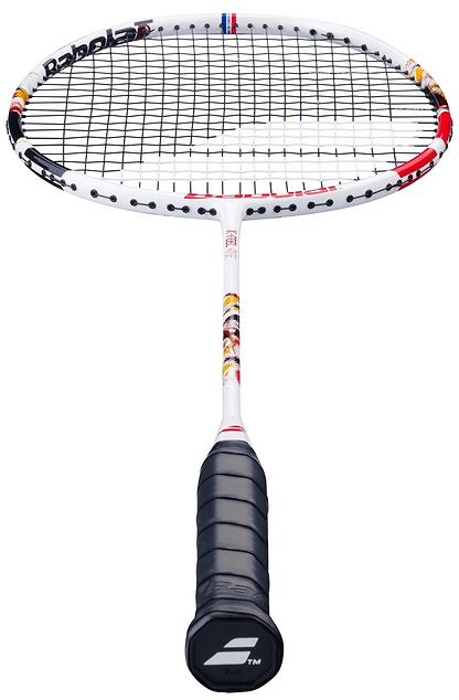 The Babolat X-Feel Rise 2026 3U Badminton Racket in white and red, by Babolat, is displayed vertically with its handle at the bottom, highlighting its dynamic design and performance-focused features.