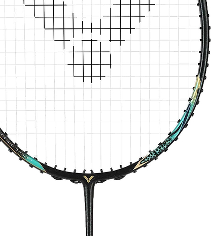 Close-up of the Victor Thruster F C Ultra CX 4U Badminton Racket by Victor, featuring a black frame with gold accents and white strings adorned with a bold black geometric pattern for a sleek, modern look.