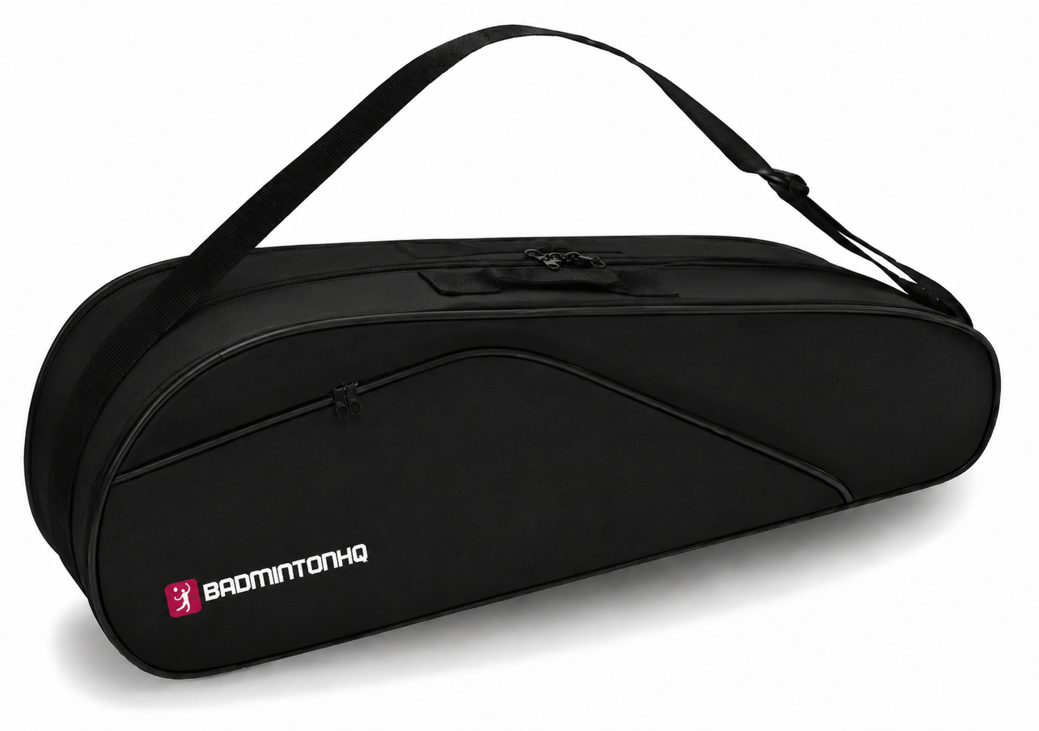 The BadmintonHQ 6 Racket Badminton Bag - Black features a shoulder strap, zippered compartments, and a white and pink “BADMINTONHQ” logo. It holds up to 6 rackets for easy storage and transport.