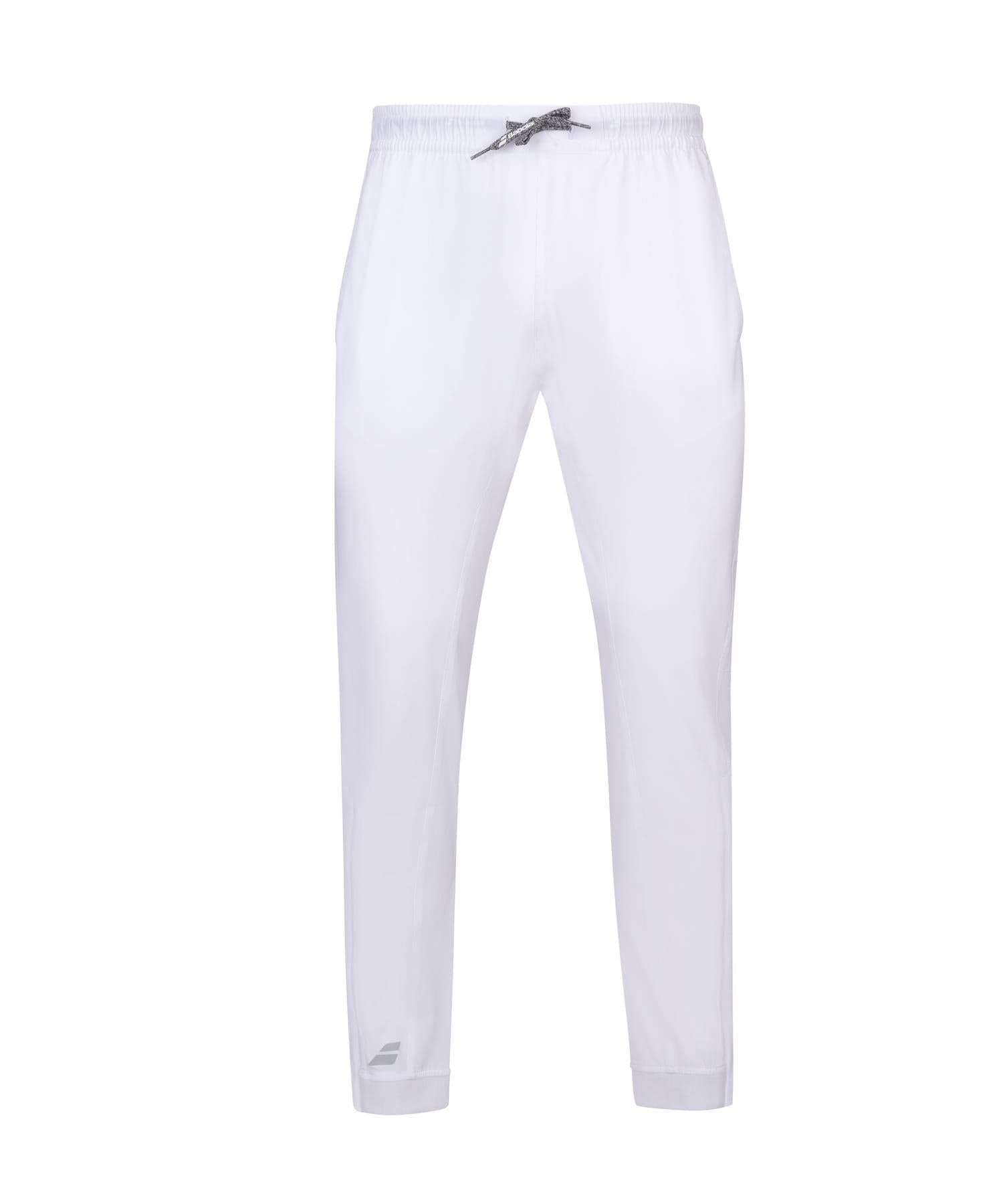 The Babolat Play Men's Badminton Pants - White are crafted from lightweight, four-way stretch fabric and feature a slim-fit design. These athletic pants include an elastic waistband with a gray drawstring and display a subtle brand logo near the bottom of one leg, offering both style and comfort for sports or casual wear.